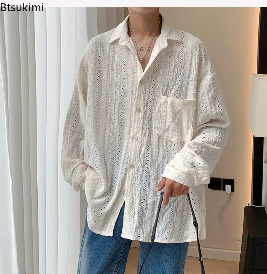 New Men's Personalized Shirts Men Handsome Lapel Blouse Vacation Hollow Out Sexy Fashion Clothing Male Mesh Long Sleeve Shirts