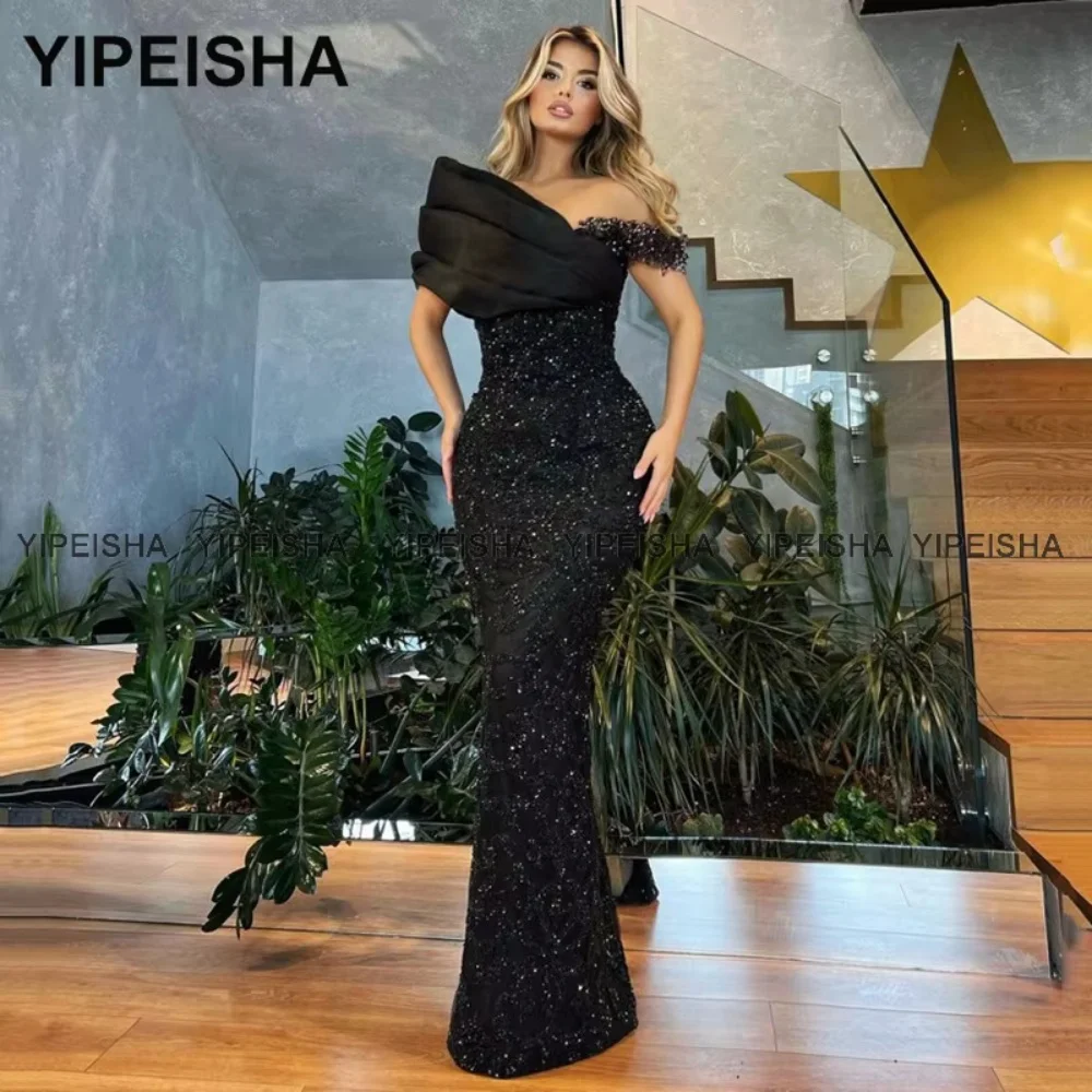 

Customized Off-shoulder Black Pageant Evening Gown Sparkly Sequins Mermaid Party Dresses Formal Long Prom Dress Robe de Bal