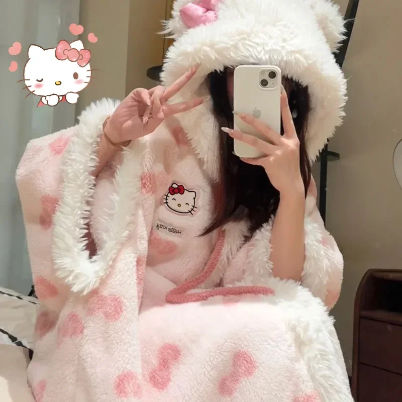 Kawaii مرحبا كيتي أفخم الجلباب المرأة المرجان بيجامة من الصوف الفتيات لطيف مقنعين بطانية عادية الصوف ملابس خاصة النساء الملابس