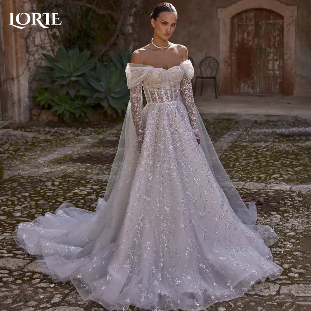 LORIE Sparkly Women's Wedding Dress Off Shoulder Long Sleeve Bride Gown Shiny Bride Dress Corset Bridal Dress vestidos de novia