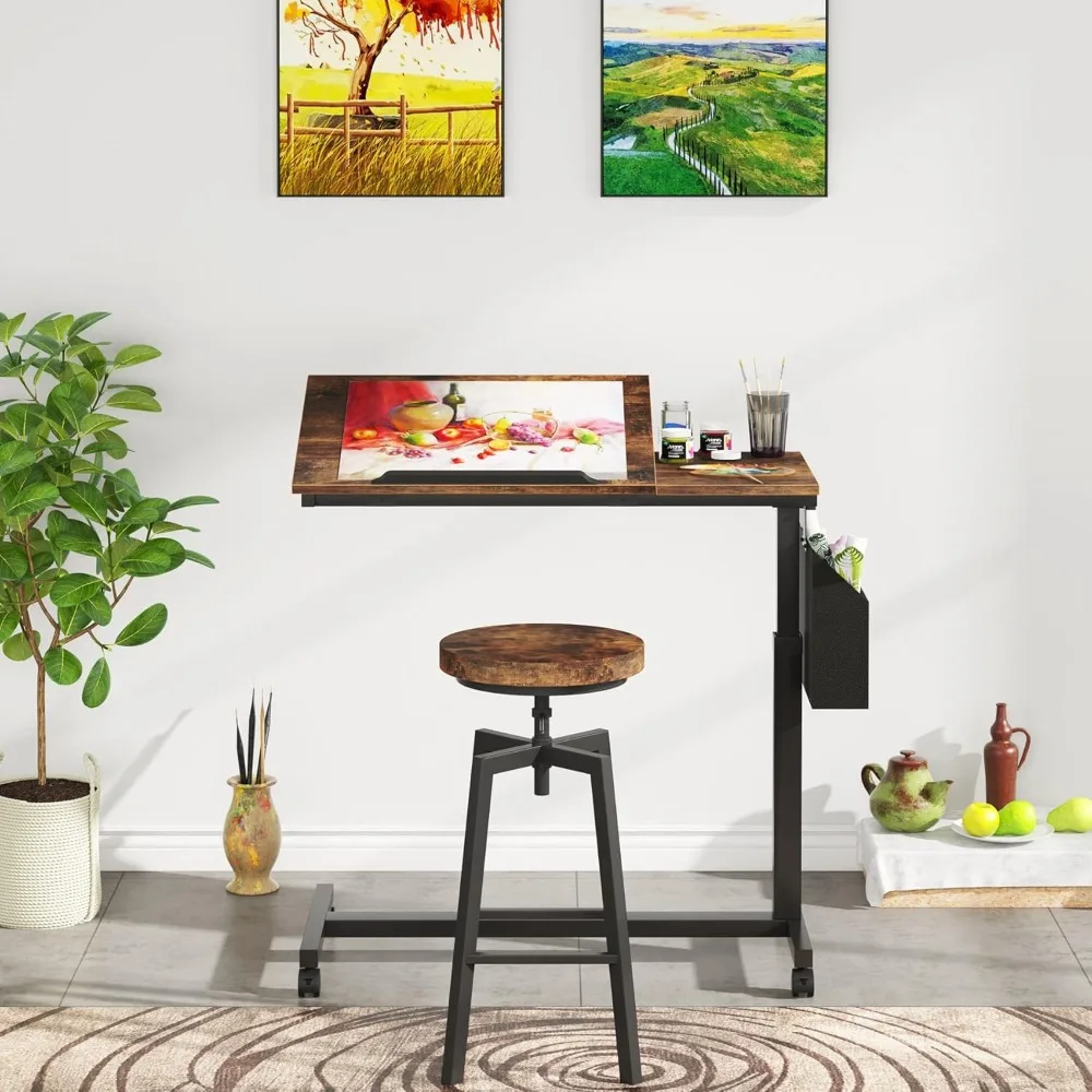 طاولة نهاية على شكل حرف C قابلة للتعديل مع عجلات وجيب جانبي، طاولة وجبات خفيفة للأريكة المتنقلة مع لوحة رسم قابلة للإمالة #5