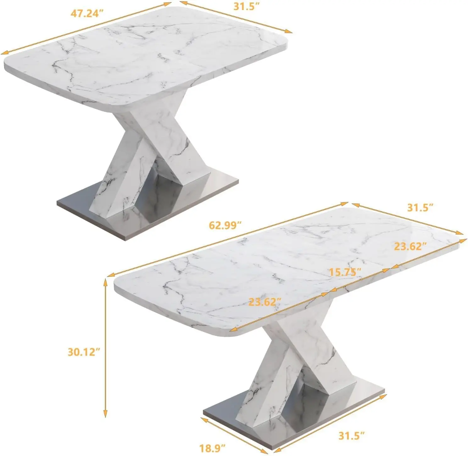 X字型ベースの拡張可能なフェイクマーブルダイニングテーブル、長方形の卓上、調整可能、長さ47.24 "-54.99" 、モダン