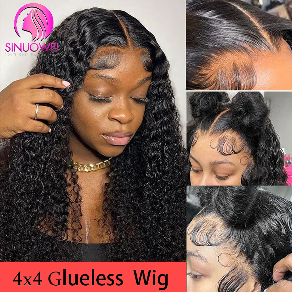 

34Inch Deep Water 200% Density Black Color 4X4 Glueless Wig Human Hair Preplucked Glueless Water Wave Lace Front Wig For Women