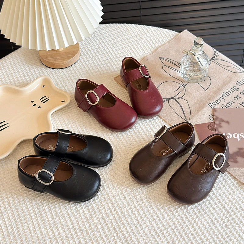 

Spring Girl's Leather Shoes Minimalist Solid Color Shallow Children Mary Janes Buckle Strap Casual Daily Flat Shoe For Kids
