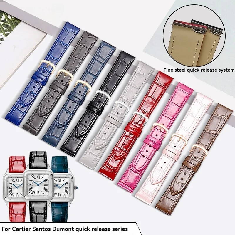 For Cartier Santos Dumont Watch Strap Quick Release Crocodile Pattern Medium Small 15.5mm 17.5mm Cowhide Leather Watchband Women