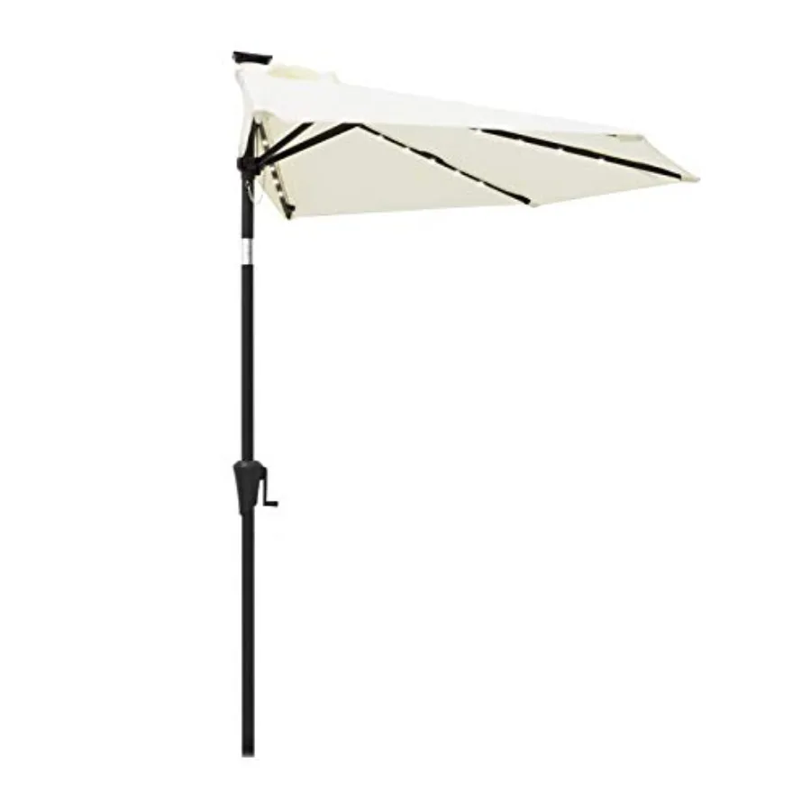

9 Feet Half Round Outdoor Patio Market Wall Umbrella with Solar LED Lights and Tilt in Brown Durable Weather-Resistant Fabric w
