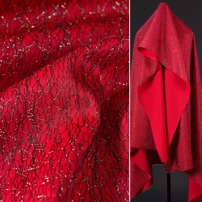 

Gold Thread Shimmer Fabric Ruby Red Creative Textured Dress Theatrical Costume Designer Handmade DIY Sewing Home Craft Material