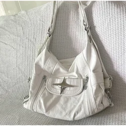 Bolso de hombro de lujo para mujer, bolso de compras de cuero suave clásico blanco, diseño de Metal, cremallera abierta, mensajero femenino