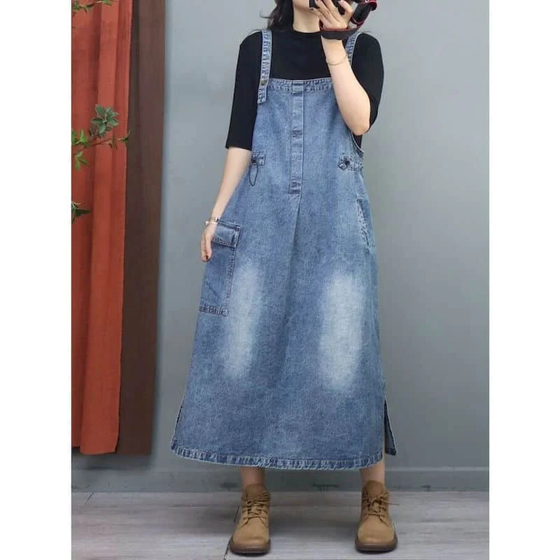 

Denim Strap Dress for Women Sleeveless Casual Loose Summer Streetwear Trend Korean Style Oversized Vintage Calf Length Dresses