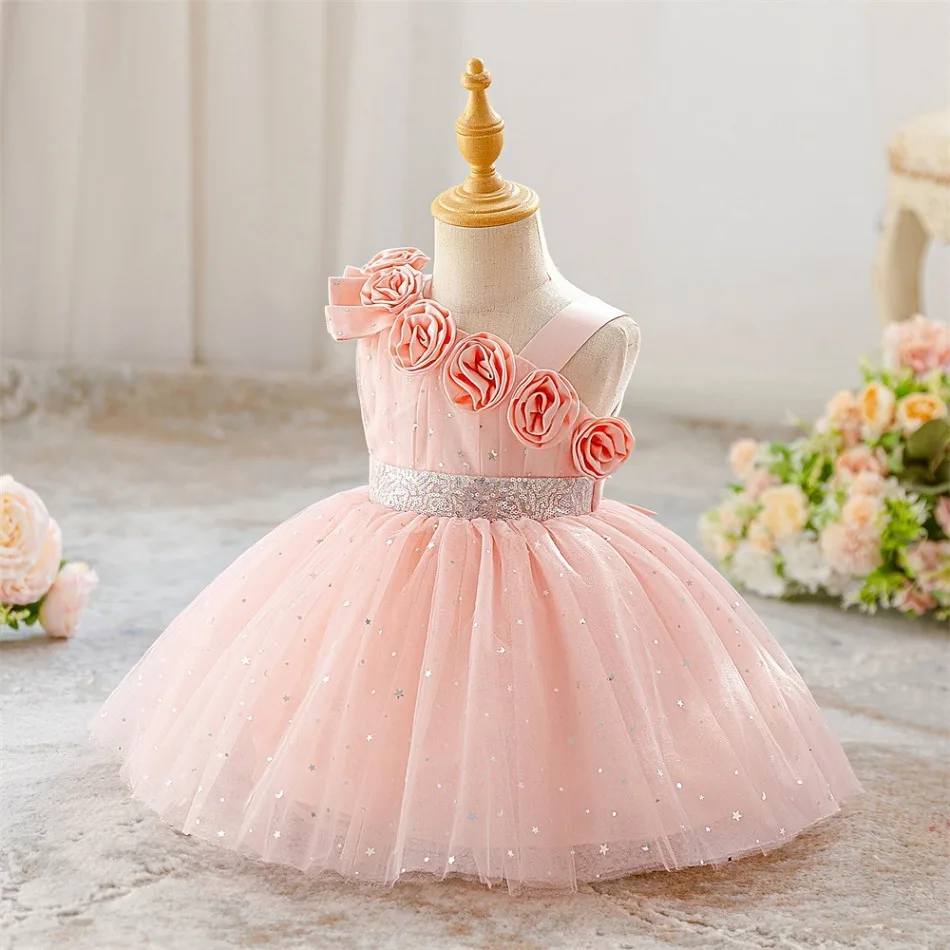 New GirlsBaby Birthday Performance Dress Infant and Toddler Slant Shoulder Three-dimensional Flower Mesh Washing Dress ASQ03