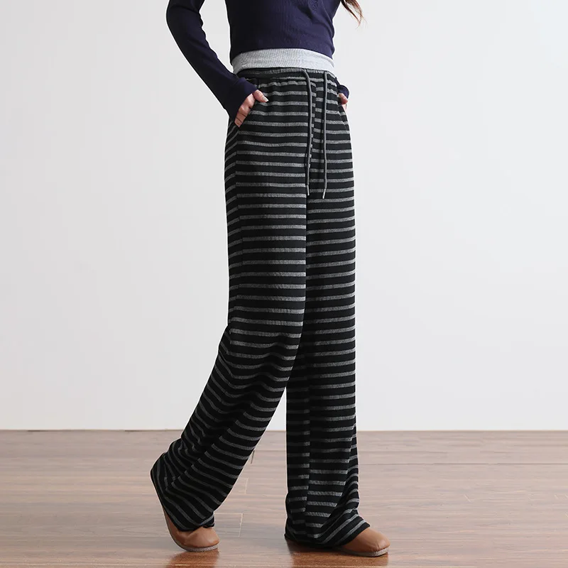 أسود فضفاض يشعر السراويل الخريف مرونة مريحة نسخة ضيقة الطابق طول واسعة الساق السراويل مخطط السراويل الأرز الدبق #2