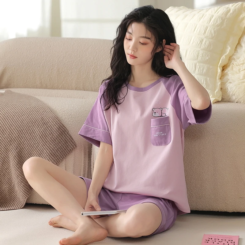 Women Pajamas Sets Soft Homewear Summer Knit Cotton Short Sleeves Shorts Pyjamas Cute Cartoon Sleepwear Female Pijamas Mujer