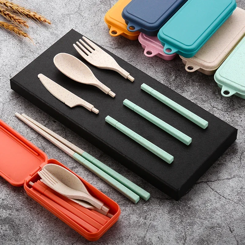 4Pcs Wheat Straw Dinnerware Set Portable Tableware Knife Fork Spoon Chopsticks Set Travel Cutlery Eco-Friendly Utensil Box