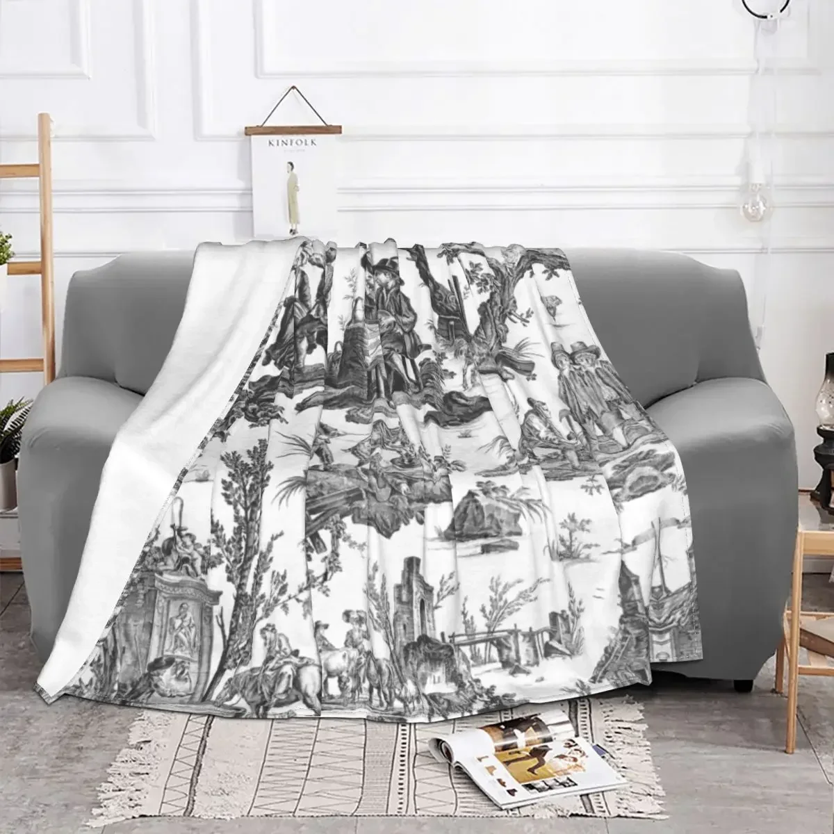 Black and White Toile De Jouy Blanket Soft Fleece Warm Flannel French Motifs Floral Throw Blanket for Sofa Office Bed Quilt Gift