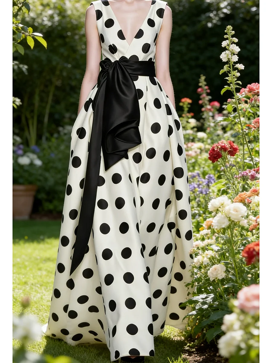 

Classic V-Neck Polka Dot Sleeveless Sashes A-Line Formal Evening Dresses Birthday Party Prom Gowns Customized