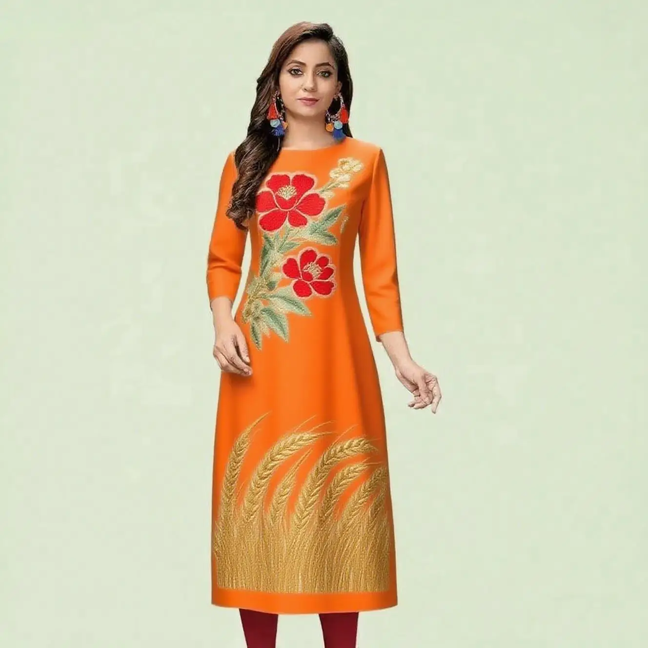 Kurt women's casual fashion dress long sleeved straight tube casual ethnic red flower round neck regular size design sense