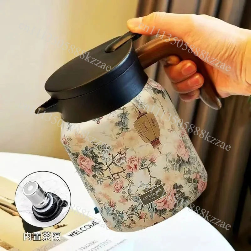 1000ml Floral Pattern Teapot with Lid Vintage Floral Tea Thermos Built-in Infuser Tea Separation Thermal Water Kettle Coffee Pot