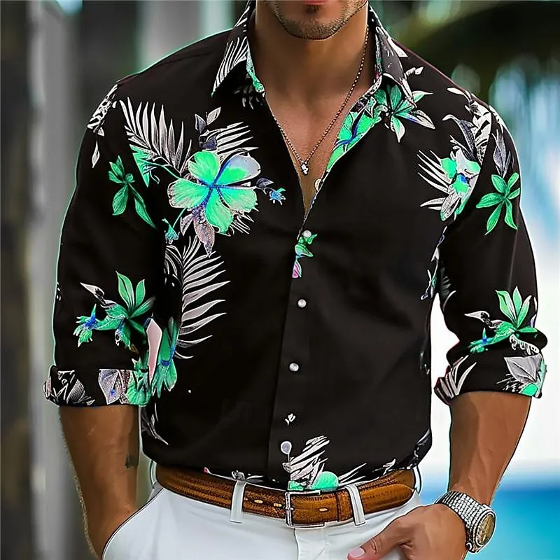 

European and American long sleeved lapel men's shirt new plant flower fashion 3D printed high-definition pattern multiple tops c