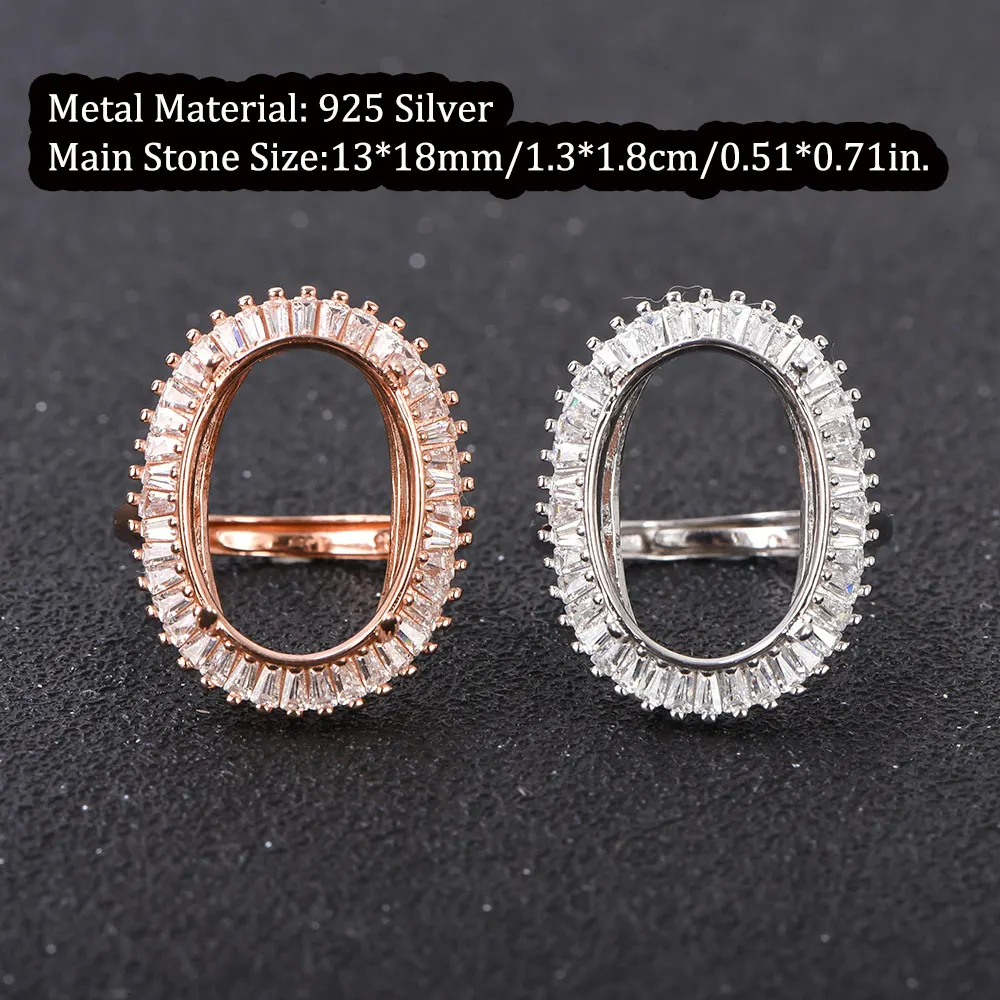 13x18mm S925 Silver Oval Solid Shank Ring Base, Diamond Accent Bridal Setting for Gemstones, Handcrafted Jewelry Making Supplies