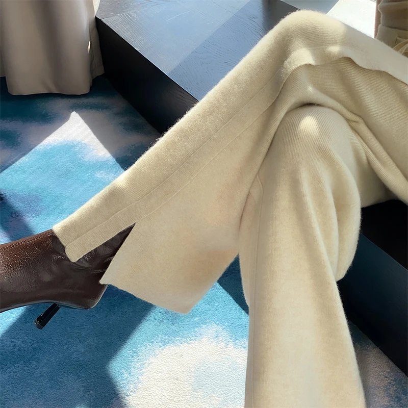 

100Merino шерсть, широкие брюки, женские трикотажные прямые брюки с эластичной резинкой на талии, однотонная осенняя женская одежда, модные брюки с разрезом