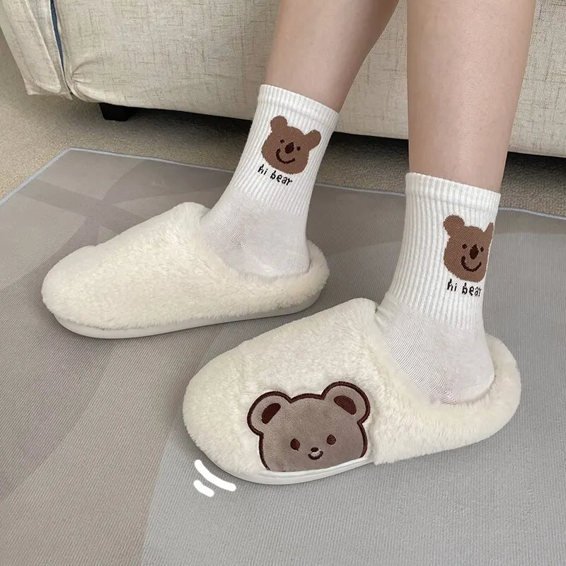 Feslishoet Cute Animal Fur Slipper For Women Men Fashion Kawaii Fluffy Winter Warm Slippers Cartoon Teddy Bear House Shoes