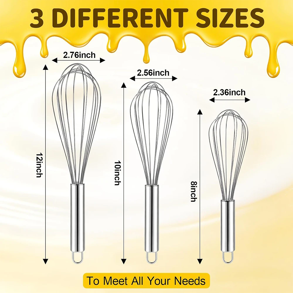 LMETJMA 3Pcs Stainless Steel Egg Whisks 8/10/12 Inch Wire Balloon Whisk Set Kitchen Egg Beater Egg Mixing Mixer Tools