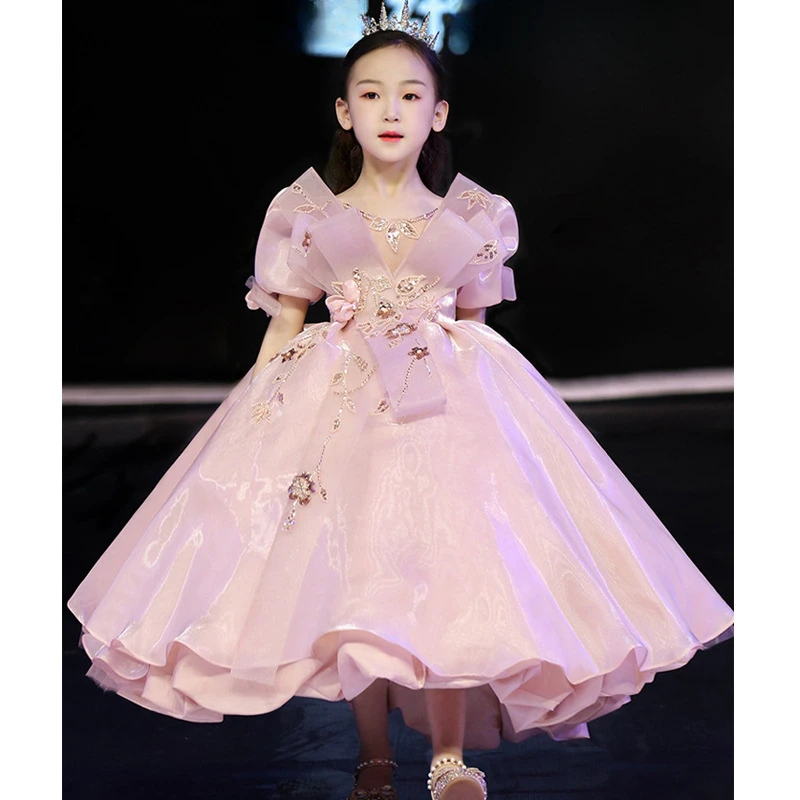 Children's dress princess fluffy dress pink runway show flower girl piano performance dress stylish little girl hosting