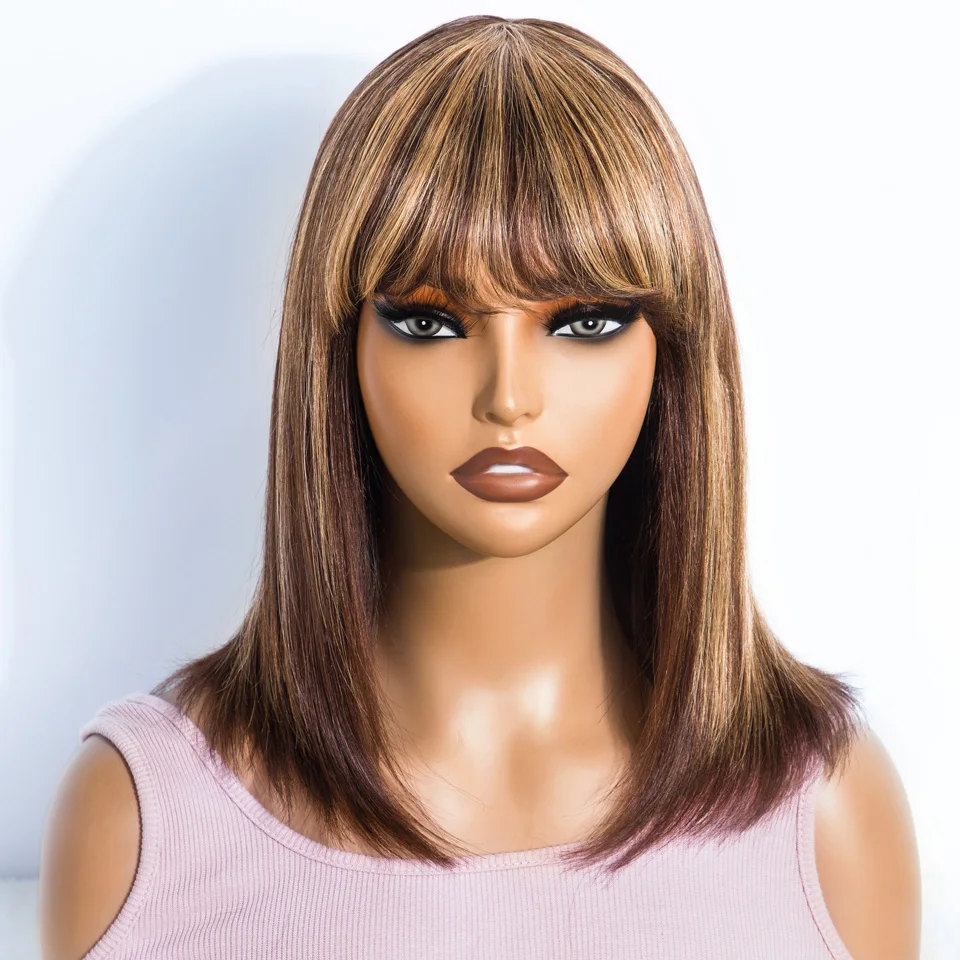 Sleek Straight Bob Human Hair Wigs With Bangs Brown Highlight Remy Brazilian Hair Wigs 100% Real Short Human Hair Wigs