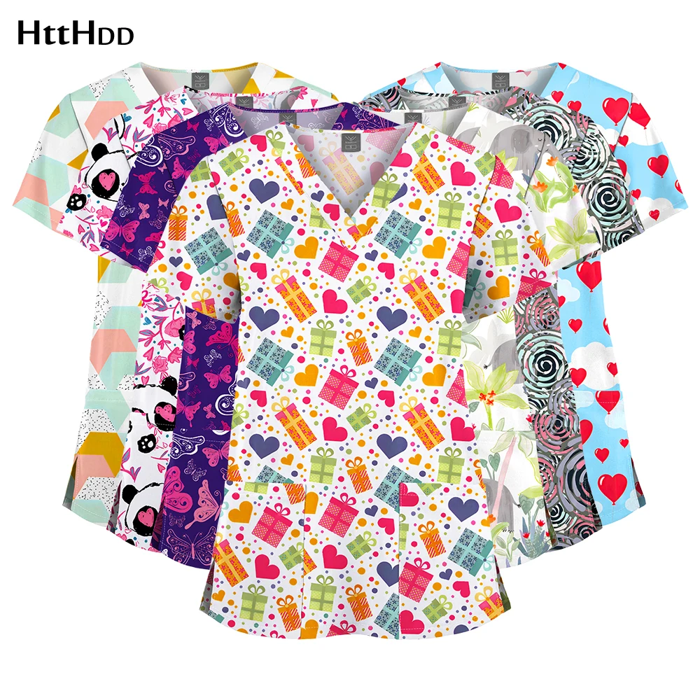 Cartoon Afdrukken Verpleegster Uniform Vrouwen Mannen Hoge Kwaliteit Medische Scrub Tops Multi Stijl Shirts Verpleging SPA Scrubs Korte Mouwen Top