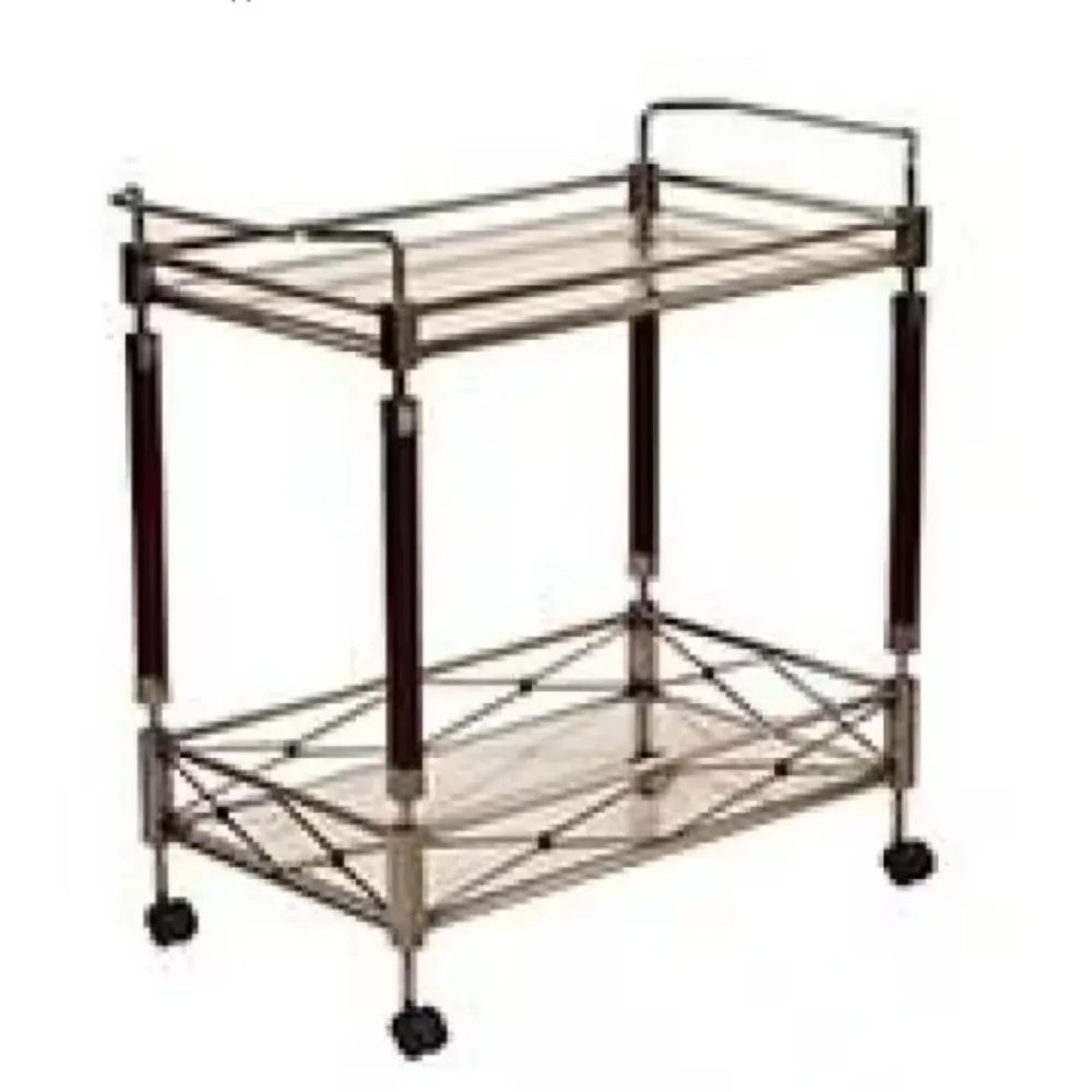 Metal Frame Serving Cart with Brushed Nickel Finish and 2 Tempered Glass Shelves
