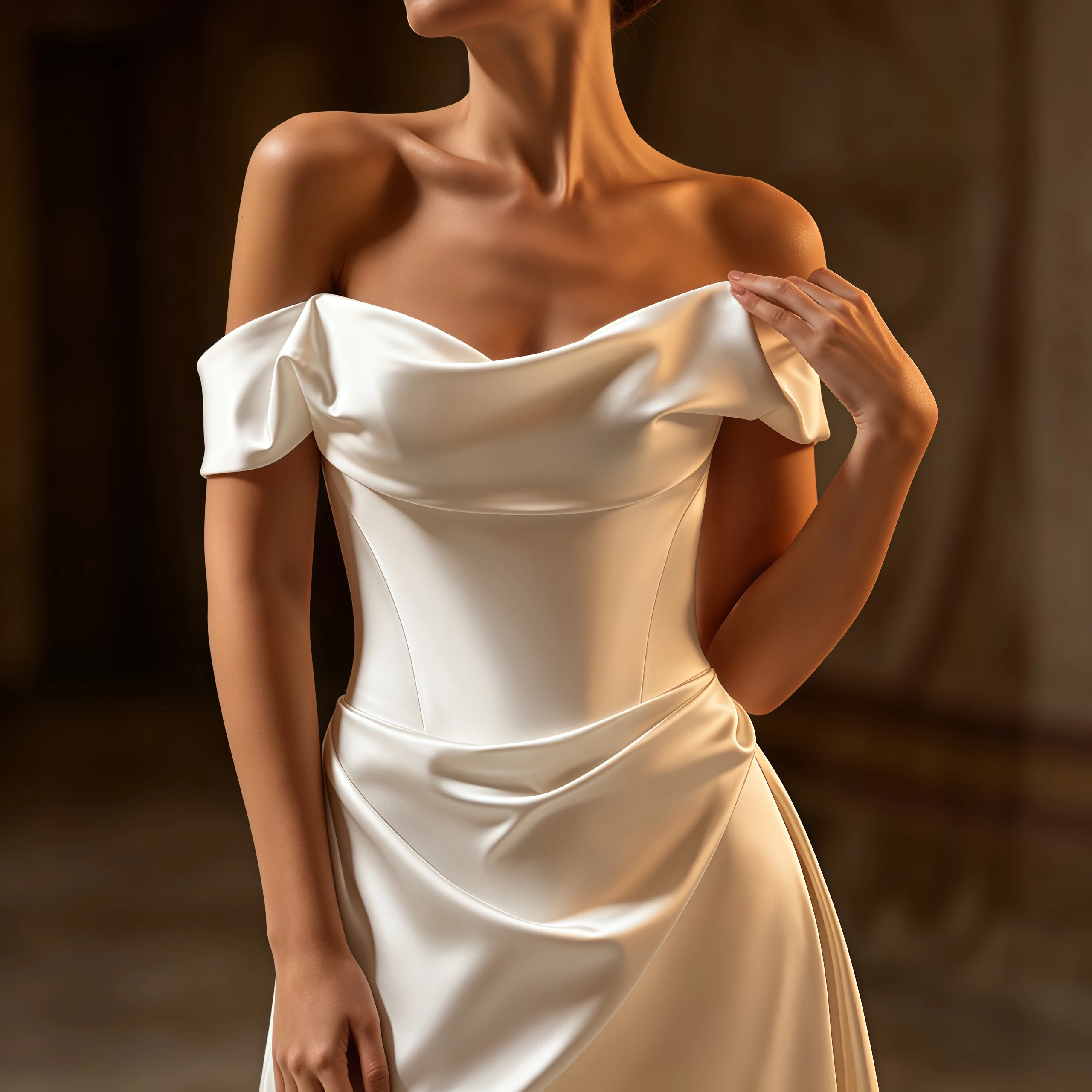 Customized Satin A-line Bridal Gown Off-shoulder Sweetheart Neck Backless Button Detail Floor-length with Delicate Brush Train