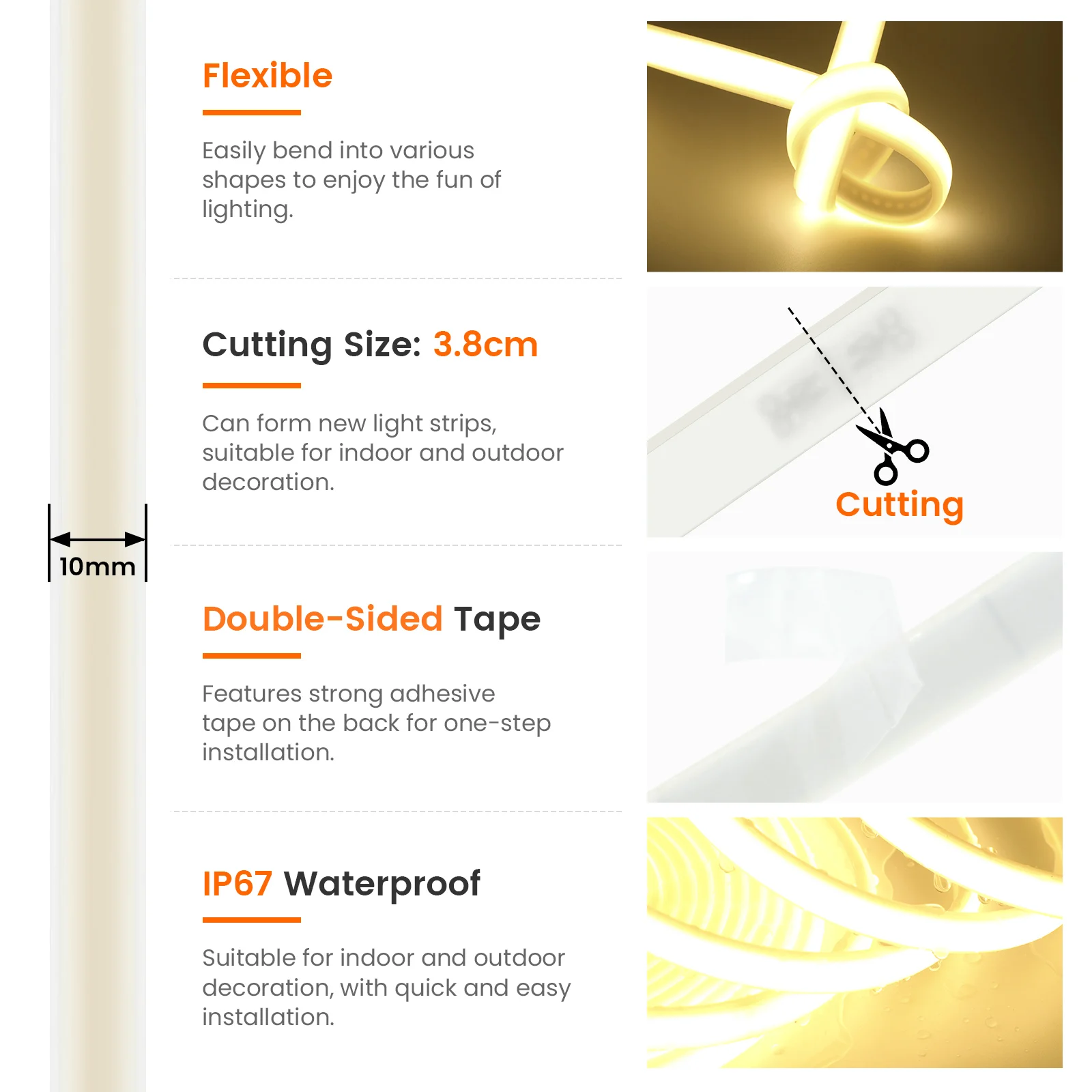 COB LED قطاع 12 فولت 24 فولت مقاوم للماء 320 المصابيح/م 0.5 متر 5 متر 10 متر 15 متر 20 متر طبيعي دافئ أبيض شريط لاصق مرن إضاءة داخلية وخارجية #5