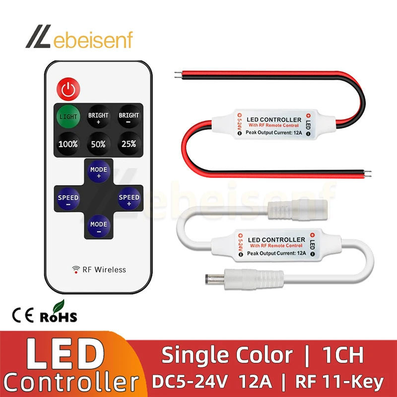 Miniregulador de intensidad LED de un solo Color, Control remoto inalámbrico RF, 11 teclas, DC 5V, 12V, 24V, 12A, 5050, 2835, 3014, tiras de luces