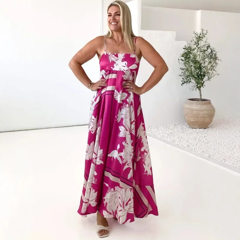 

Summer New Floral Print Backless Suspender Sexy High Waisted A-line Dress, Women's European and American Style Long Dress 2025
