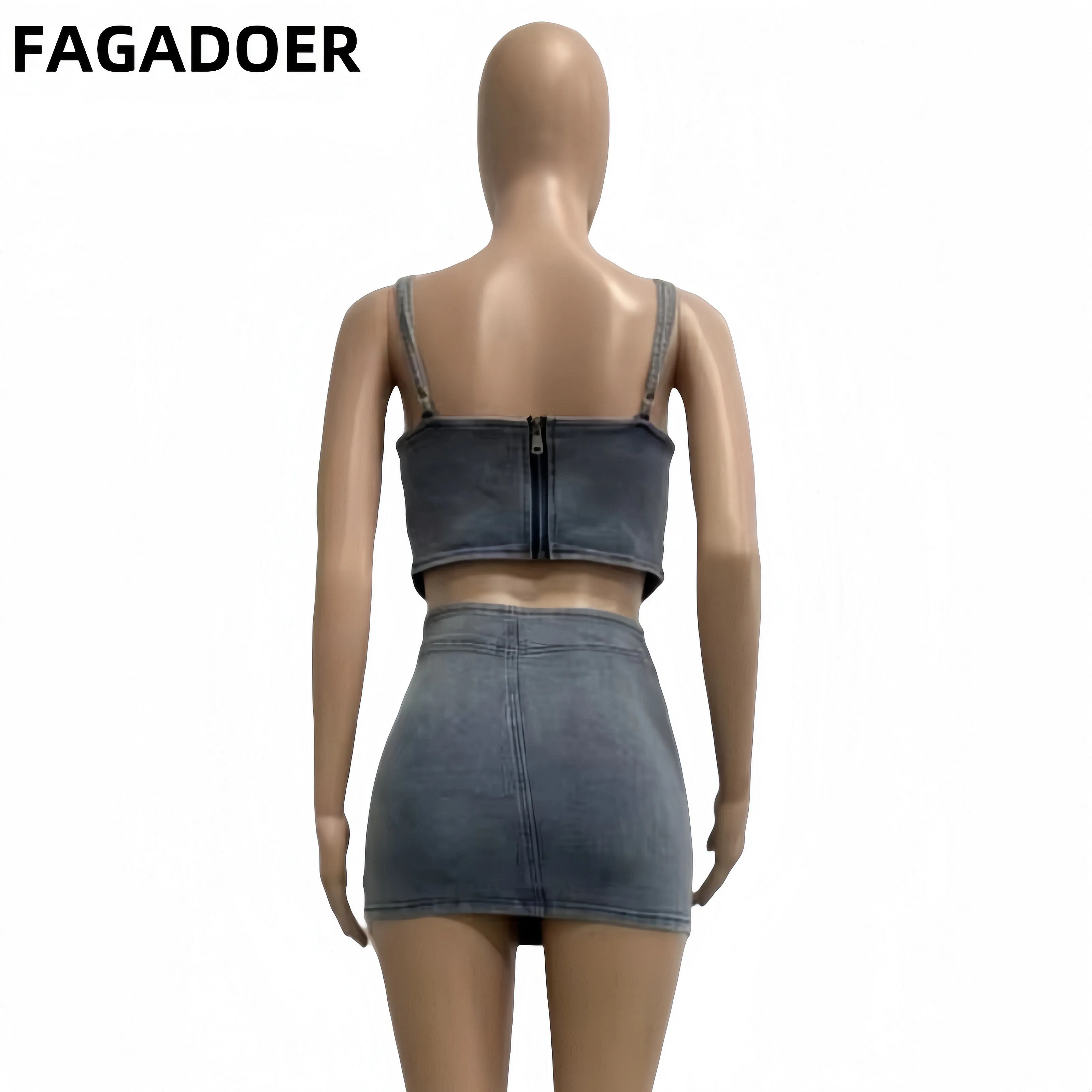 FAGADOER Blue Fashion Hollow Out Elasticity Denim Two Piece Sets Women Thin Strap Sleeveless Tank Top And Skirts Cowboy Outfits