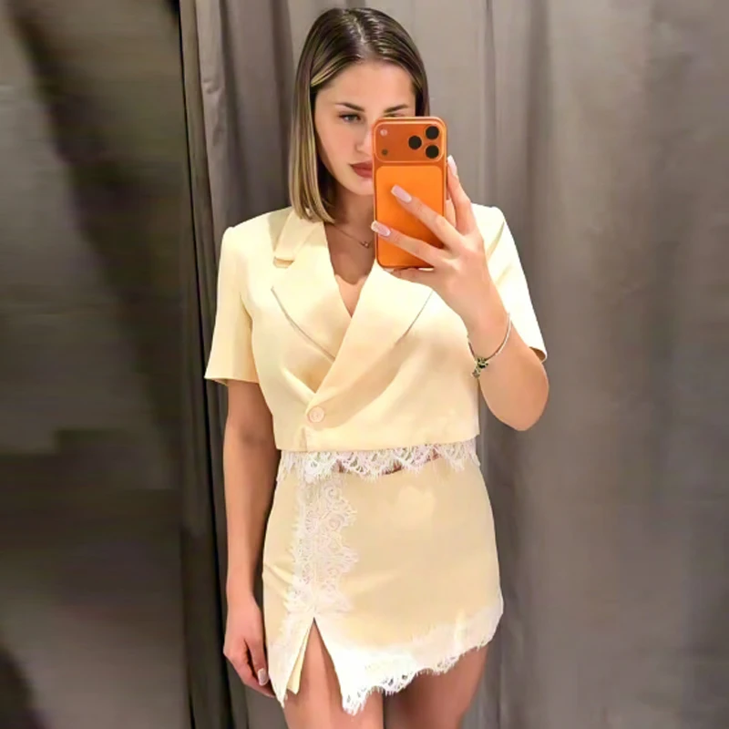 HXAO Spitzen-Set mit gelben Shorts und Röcken, Sommeranzug für Damen, kurzärmlige Blazer-Outfits, Mini-High-Waist-Culottes, Strandanzüge – Detail 6