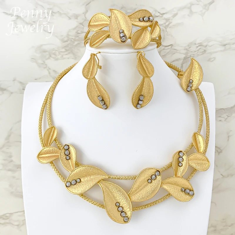

Elegant Leaf Shaped 18K Gold Plated 4Pcs Jewelry Set for Women Necklace Drop Earrings Bracelet Ring Bridal Wedding Party Gifts