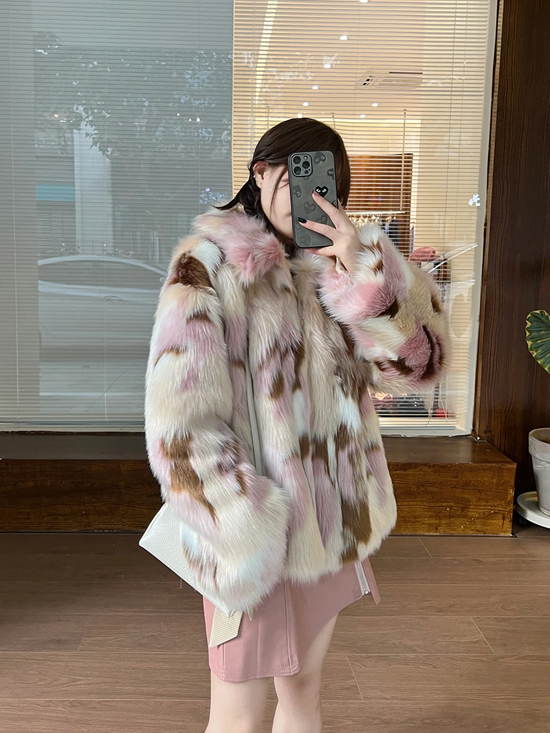 High-End Fashionable Tie-Dyed Women's Faux Fur Coat 2023 Autumn Winter New Sweet Cute Long Sleeve Slim-Fit Short Faux Fur Coat