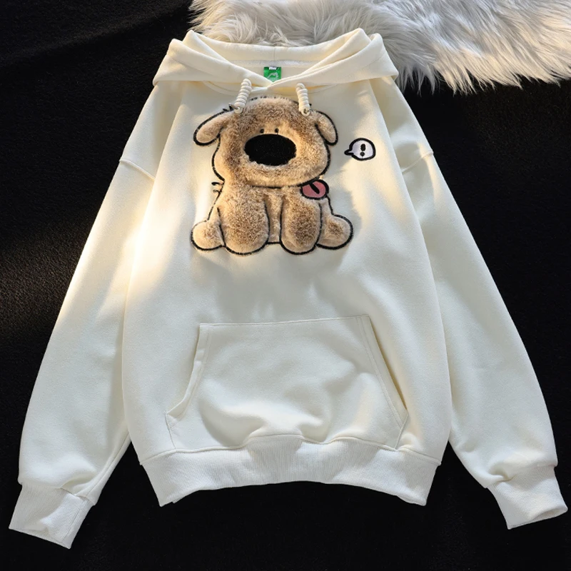 Cartoon Dog Embroidery Solid Women Hoodies and Sweatshirts Korean Fashion Trendy Style Female Hoody Autumn Winter Lady Pullovers