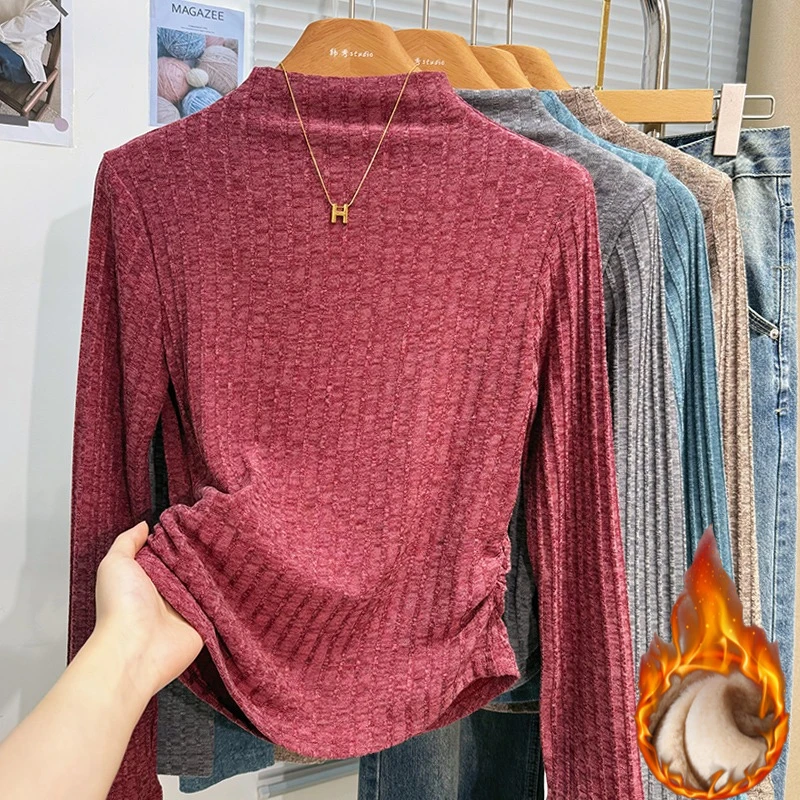 الكورية نمط بسيط قاعدة طبقة القمم الياقة المدورة صوف مبطن متماسكة طويلة الأكمام تي شيرت الخريف الشتاء بلون تنوعا تيز