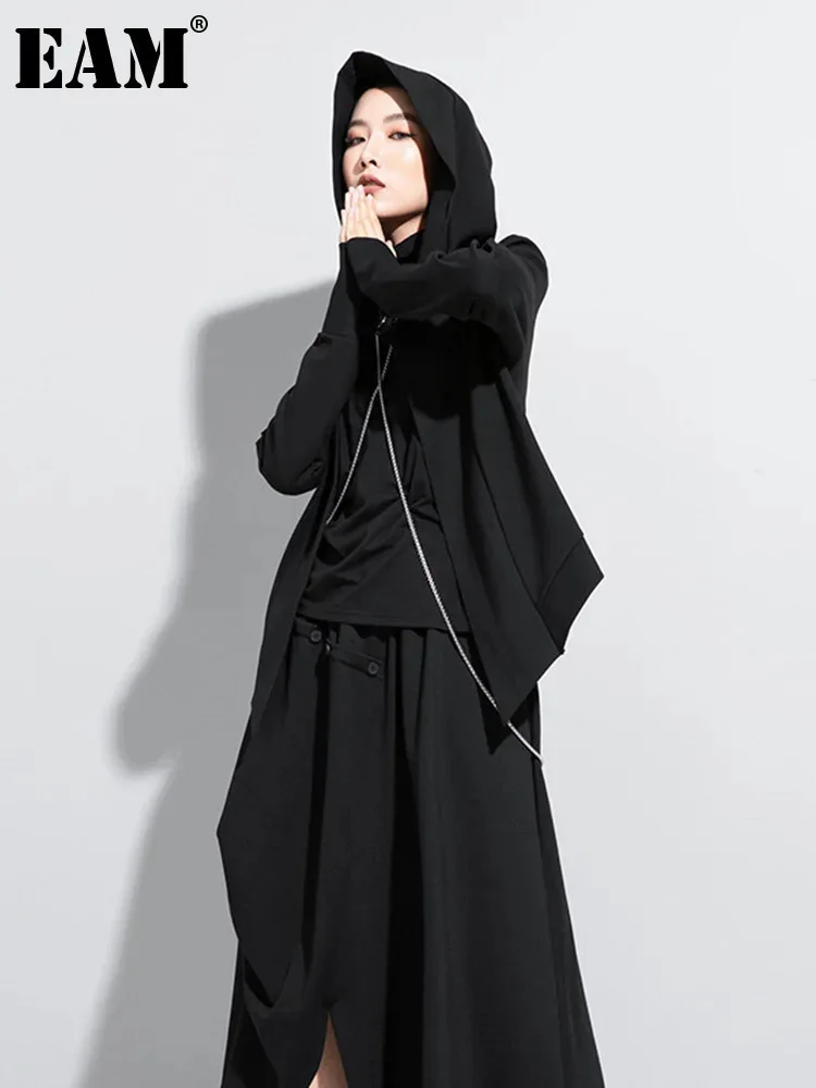 [EAM] Loose Fit Black Brief Irregular Short Jacket New Hooded Long Sleeve Women Coat Fashion Tide Spring Autumn 2024 1Z591