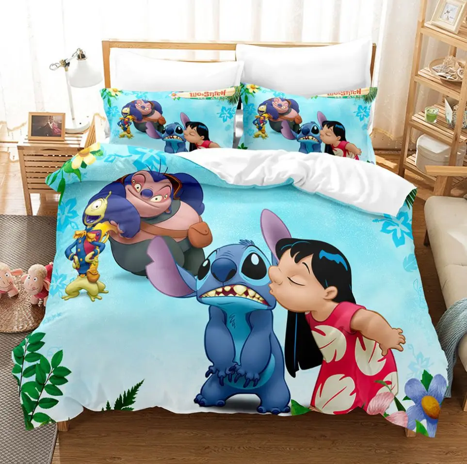 Anime Disneys Cartoon Bedding Set Kawaii Stitch Printed Quilt Duvet Cover Pillowcase Kids Bed Comfortable Bed Set Twin King