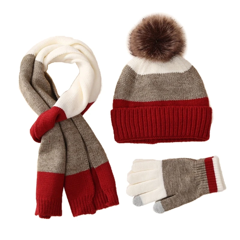 

Kids Hat Scarf & Gloves Set Winter Pom Pom Hat with Gloves & Scarf Warm Knitted Beanie Hats Girls Boys Cap Gloves Scarf