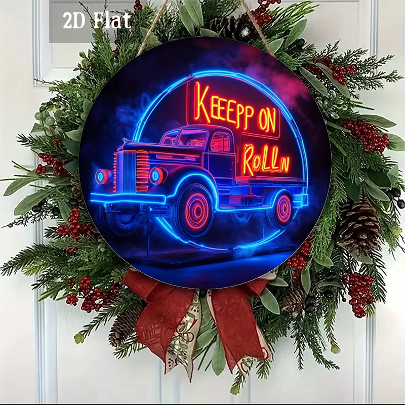 2D Flat, 1pc Retro Neon Sign Wood Panel Wall Art - Vintage Truck-Themed Round Wooden Decoration Suitable for Home, Garage, Cafe,