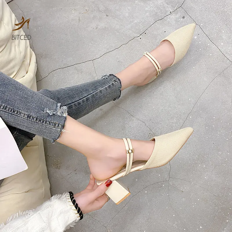 Women Mules Shoes 2023 Summer New Pointed Toe Chunky Heels Ladies Slippers Fashion Plus Size Dress Party Mid Heel Shoes Women