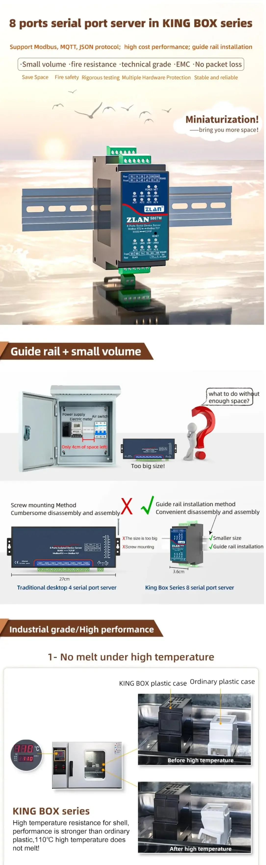 ZLAN5807M 8 منافذ RS485 إلى إيثرنت TCP IP Modbus Gateway RTU إلى TCP MQTT JSON محول وحدة صناعية للسكك الحديدية din