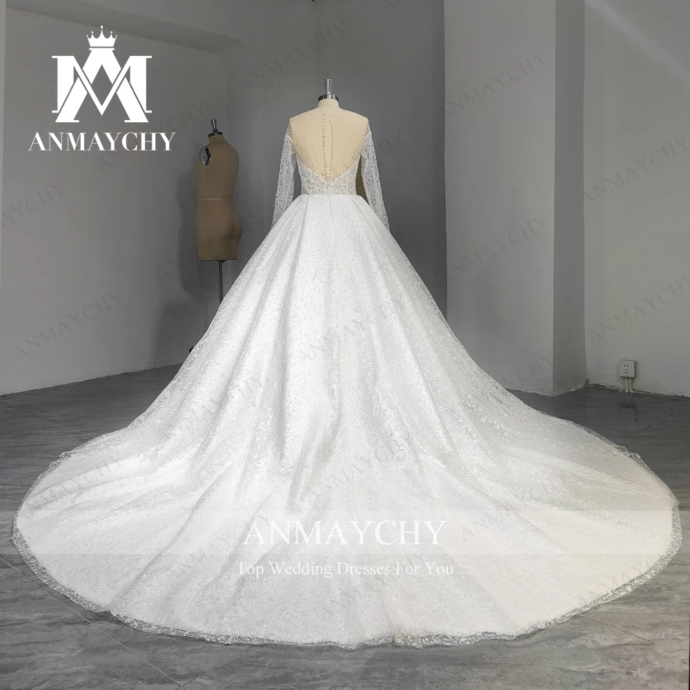 ANMAYCHY a خط الأكمام فساتين زفاف فاخرة للنساء الحبيب طويلة أنيقة بلا ظهر الخرز ثوب زفاف Vestidos De Novia