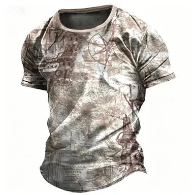 Daily Casual Outfit Adult Male Summer Anchor Compass Map Short Sleeve Nautical Top Breathable Versatile T-Shirt For Street Wear