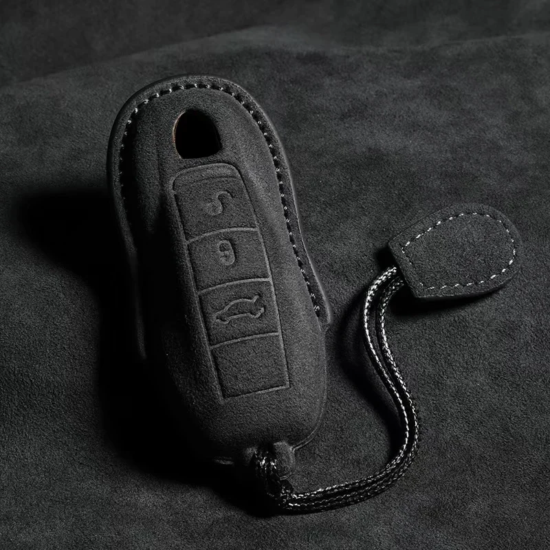 Leather Car Key Case for Porsche 718 911 Panamera Cayman Cayenne Macan Keyless Protector Suede Keychain Auto Accessories