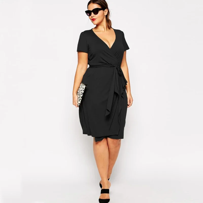 Plus Size Sexy V-neck Elegant Summer Wrap Dress Short Sleeve Sashes Work Office Dress Large Size Black Midi Party Dress 7XL 8XL